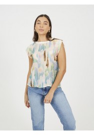 Camiseta de manga corta estampado multicolor con cuello redondo y espalda lisa
