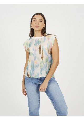 Camiseta de manga corta estampado multicolor con cuello redondo y espalda lisa